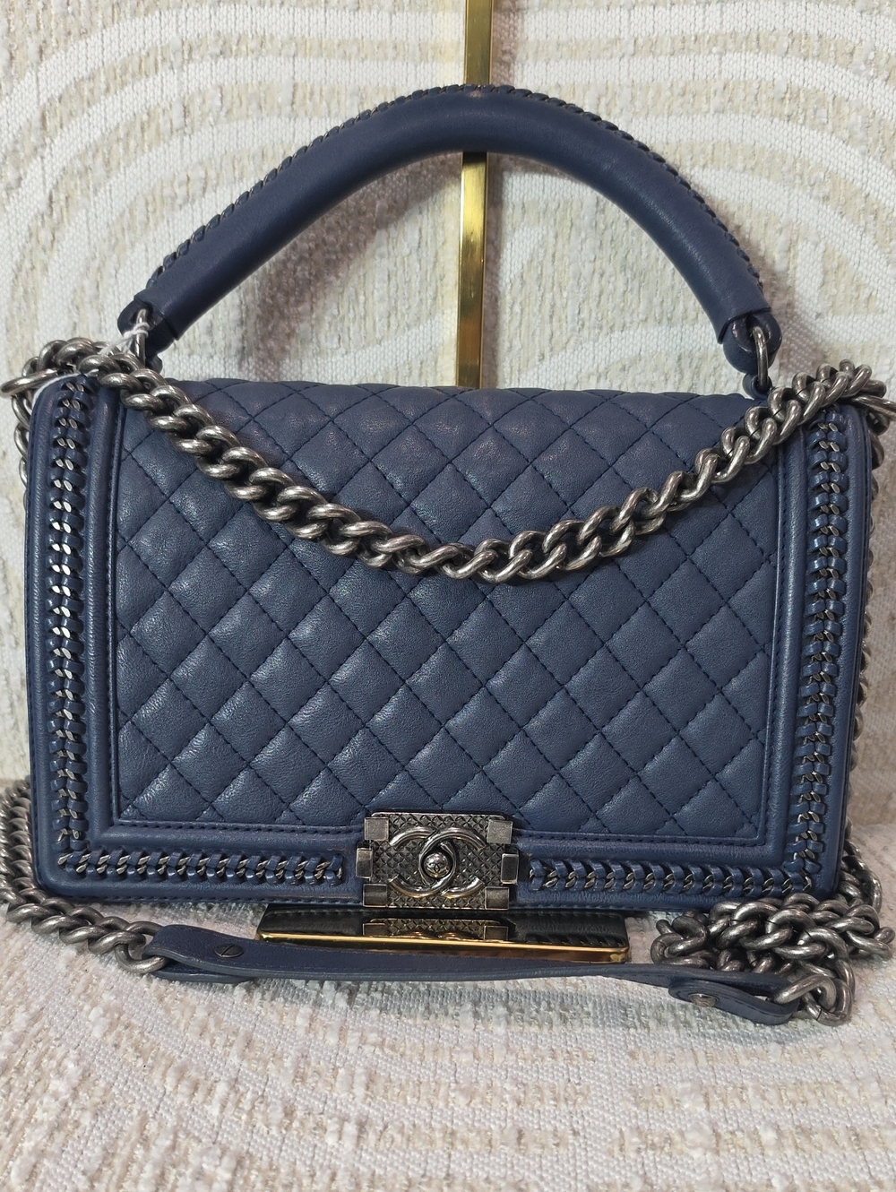 Chanel Boy Large Quilted Navy Leather Chain Top-Handle  Shoulder Bag